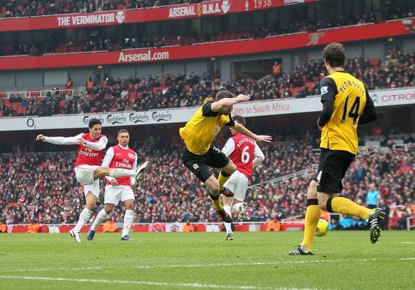 Arsenals Mikel Arteta scoring his sides fourth goal..Arsenal FC London vs. Blackburn Rovers in the Barclays Premier League at the Emirates Stadium, London. 4th February 2012. EDITORIAL USE ONLY. No use with unauthorised audio, video, data, fixture lists, club league logos or live services. Online in-match use limited to 120 images, no video emulation. No use in betting, games or single club league player publications.
