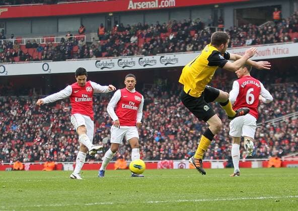 Arsenals Mikel Arteta scoring his sides fourth goal..Arsenal FC London vs. Blackburn Rovers in the Barclays Premier League at the Emirates Stadium, London. 4th February 2012. EDITORIAL USE ONLY. No use with unauthorised audio, video, data, fixture lists, club league logos or live services. Online in-match use limited to 120 images, no video emulation. No use in betting, games or single club league player publications.