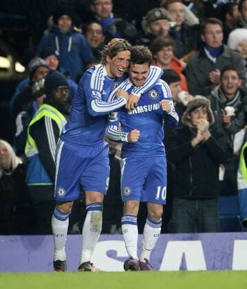 Chelseas Juan Mata celebrates scoring his sides second goal with Fernando Torres.- Chelsea FC London vs. Manchester United in the the Barclays Premier League at the Stamford Bridge, London. 5th February 2012. EDITORIAL USE ONLY. No use with unauthorised audio, video, data, fixture lists, club league logos or live services. Online in-match use limited to 120 images, no video emulation. No use in betting, games or single club league player publications.
