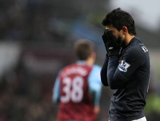 Manchester Citys Sergio Kun Aguero looks on dejected..Aston Villa v Manchester City in the Barclays Premier League at the Villa Park, Liverpool. 12th February 2012. EDITORIAL USE ONLY. No use with unauthorised audio, video, data, fixture lists, club league logos or live services. Online in-match use limited to 120 images, no video emulation. No use in betting, games or single club league player publications.