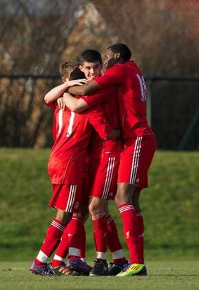 Liverpool s Raheem Sterling celebrates scoring the first goal against Everton during the FA Premier Reserve League match at the Kirkby Academy. xHOCHxZWEIx xPropagandax