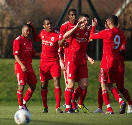 Liverpool s Raheem Sterling celebrates scoring the first goal against Everton during the FA Premier Reserve League match at the Kirkby Academy. xHOCHxZWEIx xPropagandax