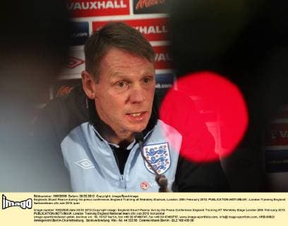 Englands Stuart Pearce during his press conference..England Training at Wembley Stadium, London. 28th February 2012. EDITORIAL USE ONLY. No use with unauthorised audio, video, data, fixture lists, club league logos or live services. Online in-match use limited to 120 images, no video emulation. No use in betting, games or single club league player publications.