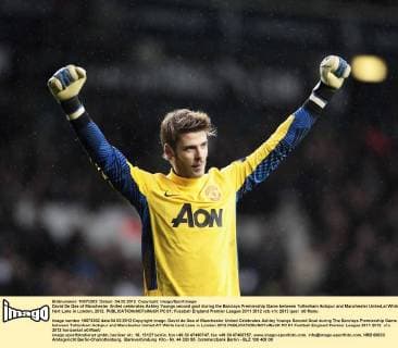 David De Gea of Manchester United celebrates Ashley Youngs second goal during the Barclays Premiership Game between Tottenham Hotspur and Manchester United,at White Hart Lane in London, 2012. EDITORIAL USE ONLY. No use with unauthorised audio, video, data, fixture lists, club league logos or live services. Online in-match use limited to 120 images, no video emulation. No use in betting, games or single club league player publications. PC 01