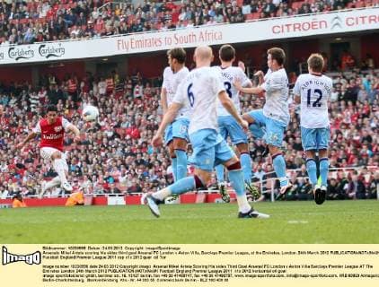 Arsenals Mikel Arteta scoring his sides third goal Arsenal FC London v Aston Villa, Barclays Premier League, at the Emirates, London. 24th March 2012 EDITORIAL USE ONLY. No use with unauthorised audio, video, data, fixture lists, club league logos or live services. Online in-match use limited to 120 images, no video emulation. No use in betting, games or single club league player publications.