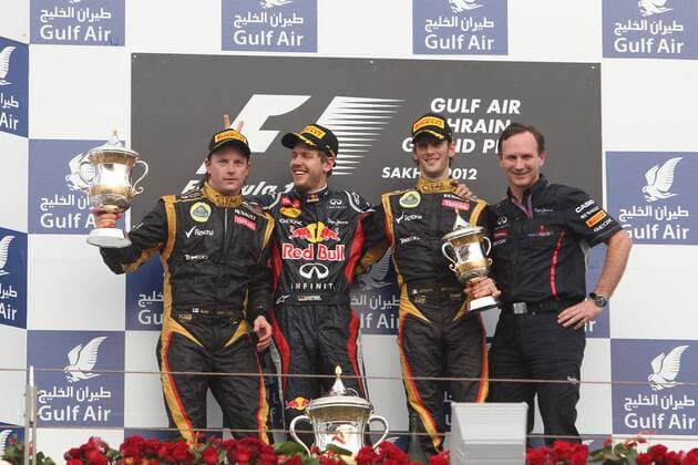 formula 1 GP, Bahrain in Manama Shakir 22.04.12, Kimi Raikkonen, Lotus F1 Team, Sebastian Vettel, Red Bull Racing, Sieger, Romain Grosjean, Lotus F1 Team, Kimi Raikkonen, Sebastian Vettel, Romain Grosjean,