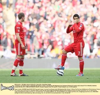 Liverpools Luis Suarez looks on dejected after going 1-0 down..The FA Cup with Budweiser final between Chelsea FC London and Liverpool FC at Wembley Stadium, London 5th May 2012. EDITORIAL USE ONLY. No use with unauthorised audio, video, data, fixture lists, club league logos or live services. Online in-match use limited to 120 images, no video emulation. No use in betting, games or single club league player publications.