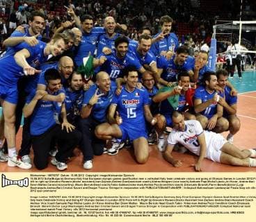 13.05.2012 Sofia(Bulgaria) Germany-Italy final European olympic games qualification men s volleyball Italy team celebrate victory and going at Olympic Games in London 2012.From left to right up:Giovanni Ravasio (doctor assistent),Ivan Zaytsev,Andrea Giani(assistant coach),Andrea Brogioni (vice coach),Samuele Papi,Michal Lasko,Jiri Kovar, Andrea Bari Down:Matteo Carancini(scoutting) ,Mauro Berruto(head coach),Fabio Gabban(video man),Andrea Pozzi(condition coach) ,Emanuele Birarelli,Pierro Benelli(doctor),Luigi Mastrangelo,Andrea Bari,Cristian Savani and Dragan Travica :Stringer in cooperation with