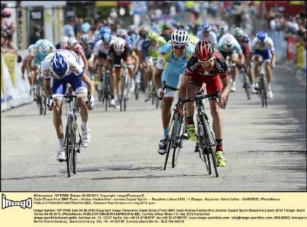 Cadel Evans from BMC Team - Andrey Kashechkin - Jerome Coppel Sprint -- Dauphine Libere 2012 - 1. Etappe - Seyssins- Saint Vallier - 04 06 2012 xPhotoNewsx