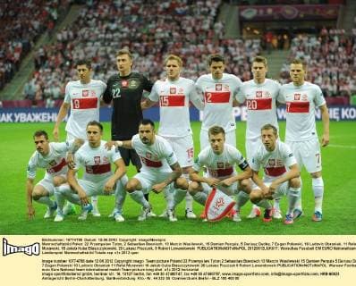 Mannschaftsbild Polen: 22 Przemyslaw Tyton, 2 Sebastian Boenisch, 13 Marcin Wasilewski, 15 Damien Perquis, 5 Dariusz Dudka, 7 Eugen Polanski, 10 Ludovic Obraniak, 11 Rafal Murawski, 16 Jakub Kuba Blaszczykowski, 20 Lukasz Piszczek, 9 Robert Lewandowski 20120612LUK017