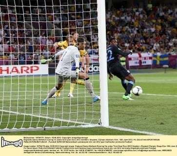 Englands Danny Welbeck scoring his sides third goal..Euro 2012 Sweden v England, Olympic Stadium, Kiev, 15th June 2012. Pic David Klein SPORTIMAGE EDITORIAL USE ONLY. No use with unauthorised audio, video, data, fixture lists, club league logos or live services. Online in-match use limited to 120 images, no video emulation. No use in betting, games or single club league player publications.