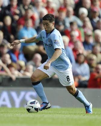 Samir Nasri of Manchester City.Barclays Premier League match between.Liverpool v Manchester City at Anfield, Liverpool on the 26th August 2012.Pic Simon Bellis Sportimage EDITORIAL USE ONLY. No use with unauthorised audio, video, data, fixture lists, club league logos or live services. Online in-match use limited to 120 images, no video emulation. No use in betting, games or single club league player publications.