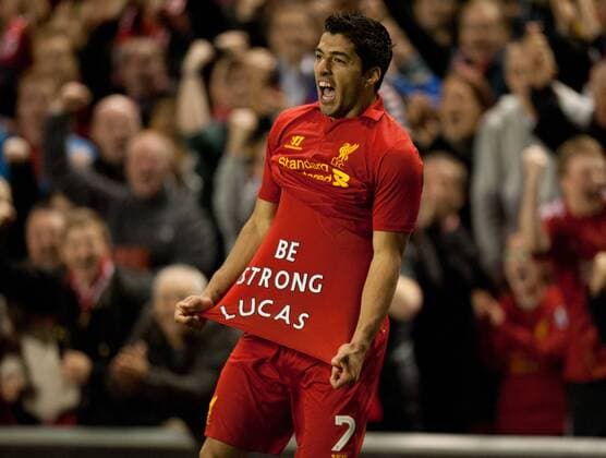 Luis Suarez of Liverpool celebrates scoring the winning goal.Europa League qualifying play off, second leg.Liverpool FC - Hearts of Midlothian at Anfield, Liverpool on the 30th August 2012.EDITORIAL USE ONLY. No use with unauthorised audio, video, data, fixture lists, club league logos or live services. Online in-match use limited to 120 images, no video emulation. No use in betting, games or single club league player publications.