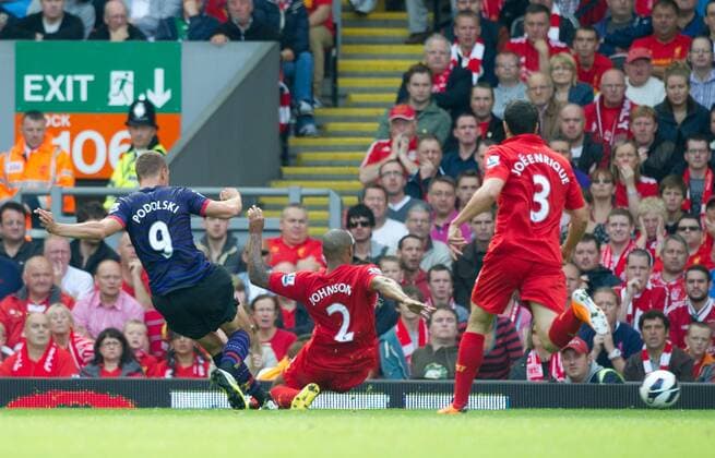 Football - Liverpool v Arsenal - Barclays Premier League - Anfield Stadium - Season 12 13 - 2 9 12 .Lucas Podolski of Arsenal scores the first goal.Mandatory Credit: Simon Bellis Sportimage.EDITORIAL USE ONLY. No use with unaurthorized audio, video, data, fixture lists, club league logos or ?live? services. Online in-match use limited to 45 images, no video emulation. No use in betting, games or single club league player publications. Please contact your account representative for further details... EDITORIAL USE ONLY. No use with unauthorised audio, video, data, fixture lists, club league logos or live services. Online in-match use limited to 120 images, no video emulation. No use in betting, games or single club league player publications.
