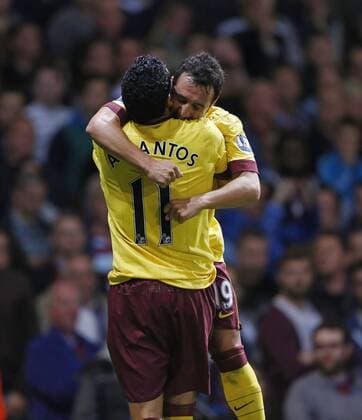 Arsenal s Santi Cazorla celebrates scoring his sides third goal..Barclays Premier League - West Ham United vs Arsenal FC London - Upton Park Stadium - London - 06 10 12 - Picture David Klein Sportimage EDITORIAL USE ONLY. No use with unauthorised audio, video, data, fixture lists, club league logos or live services. Online in-match use limited to 120 images, no video emulation. No use in betting, games or single club league player publications.
