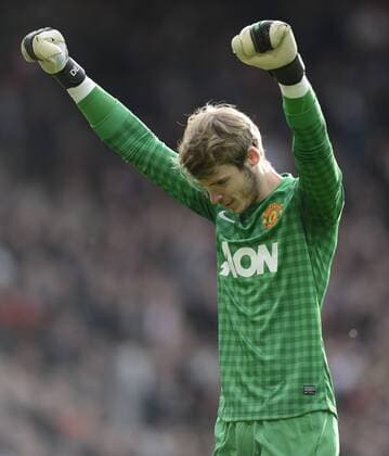 David De Gea of Manchester United celebrates a goal - Barclays Premier League - Manchester United (ManU) vs Stoke City - Old Trafford Stadium - Manchester - 20 10 12 - EDITORIAL USE ONLY. No use with unauthorised audio, video, data, fixture lists, club league logos or live services. Online in-match use limited to 120 images, no video emulation. No use in betting, games or single club league player publications.