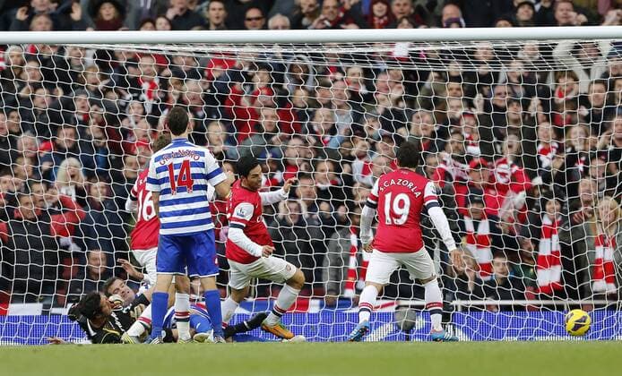 Arsenal s Mikel Arteta scoring his sides opening goal..Arsenal FC London v QPR Queens Park Rangers - Barclays Premier League - The Emirates Stadium, London- 27 10 12 - EDITORIAL USE ONLY. No use with unauthorised audio, video, data, fixture lists, club league logos or live services. Online in-match use limited to 120 images, no video emulation. No use in betting, games or single club league player publications.