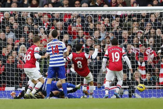 Arsenal s Mikel Arteta scoring his sides opening goal..Arsenal FC London v QPR Queens Park Rangers - Barclays Premier League - The Emirates Stadium, London- 27 10 12 - EDITORIAL USE ONLY. No use with unauthorised audio, video, data, fixture lists, club league logos or live services. Online in-match use limited to 120 images, no video emulation. No use in betting, games or single club league player publications.