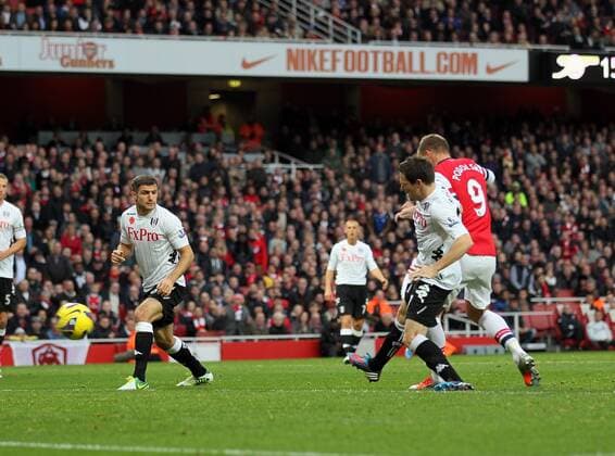 Arsenal s Lukas Podolski scoring his sides second goal..Arsenal FC London v Fulham FC s - Premier League - EDITORIAL USE ONLY. No use with unauthorised audio, video, data, fixture lists, club league logos or live services. Online in-match use limited to 120 images, no video emulation. No use in betting, games or single club league player publications.