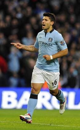 Sergio Kun Agüero of Manchester City celebrates scoring the second goal from the penalty spot - Barclays Premier League - Manchester City vs Aston Villa - Etihad Stadium - Manchester - 17 11 12 - EDITORIAL USE ONLY. No use with unauthorised audio, video, data, fixture lists, club league logos or live services. Online in-match use limited to 120 images, no video emulation. No use in betting, games or single club league player publications.