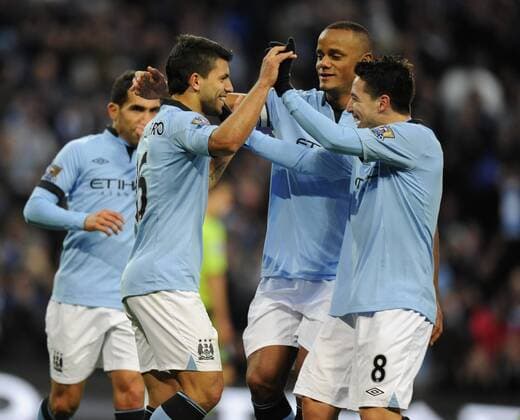 Sergio Kun Agüero of Manchester City celebrates scoring the second goal from the penalty spot - Barclays Premier League - Manchester City vs Aston Villa - Etihad Stadium - Manchester - 17 11 12 - EDITORIAL USE ONLY. No use with unauthorised audio, video, data, fixture lists, club league logos or live services. Online in-match use limited to 120 images, no video emulation. No use in betting, games or single club league player publications.
