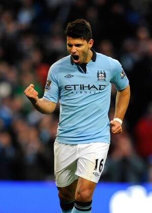 Sergio Kun Agüero of Manchester City celebrates scoring the second goal from the penalty spot - Barclays Premier League - Manchester City vs Aston Villa - Etihad Stadium - Manchester - 17 11 12 - EDITORIAL USE ONLY. No use with unauthorised audio, video, data, fixture lists, club league logos or live services. Online in-match use limited to 120 images, no video emulation. No use in betting, games or single club league player publications.