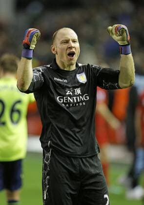Aston Villa goalkeeper Brad Guzan celebrates at the end of the game - .Barclays Premiership - Liverpool FC vs Aston Villa - Anfield - Liverpool - 15 12 12 - EDITORIAL USE ONLY. No use with unauthorised audio, video, data, fixture lists, club league logos or live services. Online in-match use limited to 120 images, no video emulation. No use in betting, games or single club league player publications.
