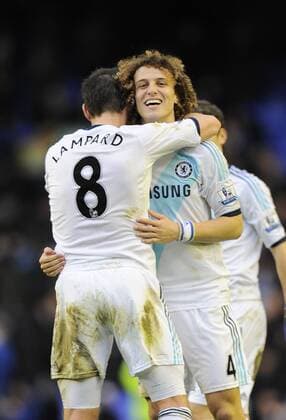 Frank Lampard of Chelsea celebrates the win with David Luiz of Chelsea - Barclays Premier League - Everton vs Chelsea - Goodison Park Stadium - Liverpool - 30 12 12 - Picture Simon Bellis Sportimage EDITORIAL USE ONLY. No use with unauthorised audio, video, data, fixture lists, club league logos or live services. Online in-match use limited to 120 images, no video emulation. No use in betting, games or single club league player publications.