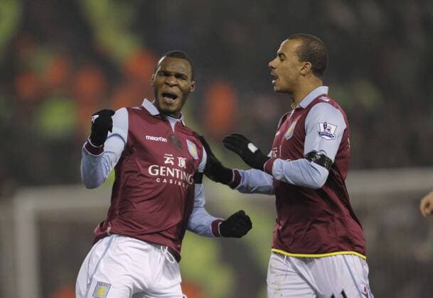 Christian Benteke of Aston Villa celebrates the first goal of the game with Gabriel Agbonlahor (right) -- Barclays Premier League - West Bromwich Albion vs Aston Villa - The Hawthorns - West Bromwich -19 1 2013- Picture Malcolm Couzens Sportimage EDITORIAL USE ONLY. No use with unauthorised audio, video, data, fixture lists, club league logos or live services. Online in-match use limited to 120 images, no video emulation. No use in betting, games or single club league player publications.