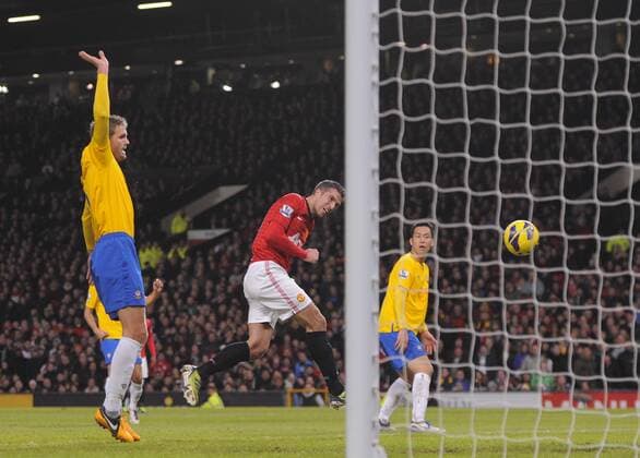 Robin van Persie of Manchester United scores only for it to be ruled off side - Barclays Premier League - Manchester United ManU vs. FC Southampton - Old Trafford Stadium - Manchester - 30 01 13 - EDITORIAL USE ONLY. No use with unauthorised audio, video, data, fixture lists, club league logos or live services. Online in-match use limited to 120 images, no video emulation. No use in betting, games or single club league player publications.