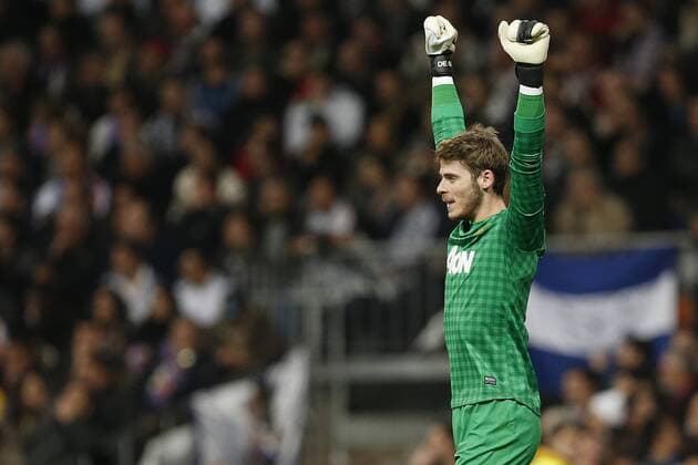 Manchester United s David De Gea celebrates goal during Champions League 2012 2013 match.February 12,2013. (201302131801)