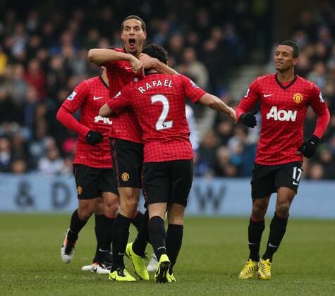 Football - 2012 2013 Premier League - Queens Park Rangers vs. Manchester United (ManU) Manchester United (ManU) s Rafael celebrates scoring with Manchester United (ManU) s Rio Ferdinand at Loftus Road, London