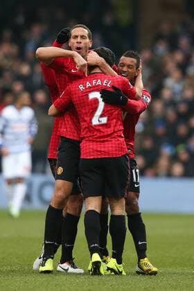 Football - 2012 2013 Premier League - Queens Park Rangers vs. Manchester United (ManU) Manchester United (ManU) s Rafael celebrates scoring with Manchester United (ManU) s Rio Ferdinand and Nani at Loftus Road, London