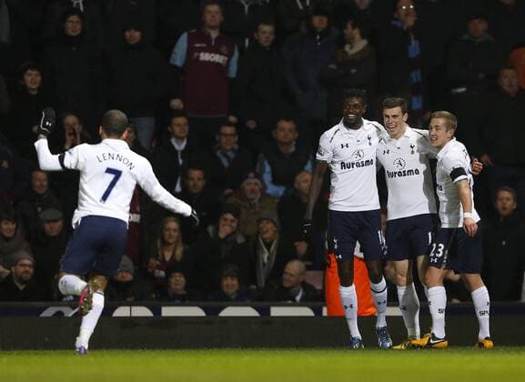 Tottenham s Gareth Bale celebrates scoring his sides opening goal..West Ham United v Tottenham Hotspur- Barclays Premier League - Upton Park, London- 25 02 13 - Picture David Klein Sportimage EDITORIAL USE ONLY. No use with unauthorised audio, video, data, fixture lists, club league logos or live services. Online in-match use limited to 120 images, no video emulation. No use in betting, games or single club league player publications.