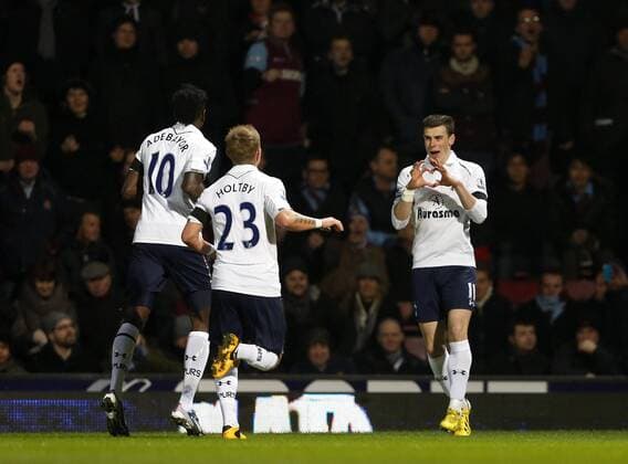 Tottenham s Gareth Bale celebrates scoring his sides opening goal..West Ham United v Tottenham Hotspur- Barclays Premier League - Upton Park, London- 25 02 13 - Picture David Klein Sportimage EDITORIAL USE ONLY. No use with unauthorised audio, video, data, fixture lists, club league logos or live services. Online in-match use limited to 120 images, no video emulation. No use in betting, games or single club league player publications.