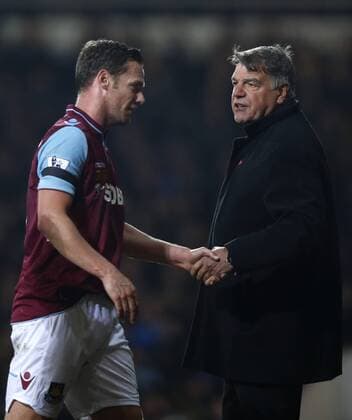 LONDON, Kevin Nolan (L) gets greeted by Sam Allardyce, manager of West Ham United, after he is substituted during the Barclays Premier League match between West Ham United and Tottenham Hotspur at the Boleyn Ground, Upton Park, in London, Britain on February 25, 2013. Tottenham Hotspur won 3-2 and lift into third in the table. (Xinhua Wang Lili) FOR EDITORIAL USE ONLY. NOT FOR SALE FOR MARKETING OR ADVERTISING CAMPAIGNS. NO USE WITH UNAUTHORIZED AUDIO, VIDEO, DATA, FIXTURE LISTS, CLUB LEAGUE LOGOS OR LIVE SERVICES. ONLINE IN-MATCH USE LIMITED TO 45 IMAGES, NO VIDEO EMULATION. NO USE IN BETTING, GAMES OR SINGLE CLUB LEAGUE PLAYER PUBLICATIONS. BRITAIN-LONDON-SOCCER-PREMIER LEAGUE-TOTTENHAM HOTSPUR VS WEST HAM UTD