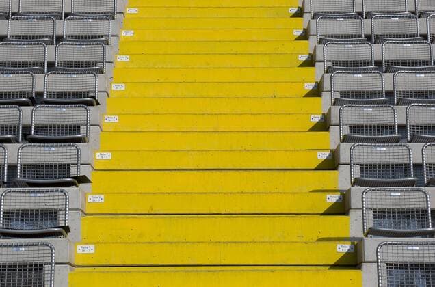 Football: Germany, 2. Bundesliga Stadium of VfR Aalen, Scholz Arena, stands, Sitz, Sitzplatz, seat, seats, Reihe, Sitzreihe, Sitzreihen, Sitzplaetze, row, rows, Struktur, structure, gelb, yellow, Treppen, stairs,