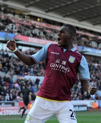 Christian Benteke of Aston Villa celebrates scoring the third goal - Barclays Premier League - Stoke City vs Aston Villa - Britannia Stadium - Stoke on Trent - England - 06 04 13 - Picture Simon Bellis Sportimage EDITORIAL USE ONLY. No use with unauthorised audio, video, data, fixture lists, club league logos or live services. Online in-match use limited to 120 images, no video emulation. No use in betting, games or single club league player publications.