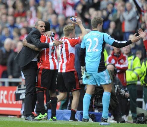 Sunderland manager Paolo Di Canio celebrates at the final whistle with his players- Barclays Premier League - Sunderland vs Everton - Stadium of Light - Sunderland - 20 04 13 - Picture Richard Lee Sportimage EDITORIAL USE ONLY. No use with unauthorised audio, video, data, fixture lists, club league logos or live services. Online in-match use limited to 120 images, no video emulation. No use in betting, games or single club league player publications.