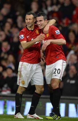 Hatrick goalscorer Robin van Persie of Manchester United celebrates with Ryan Giggs of Manchester United - Barclays Premier league - Manchester Utd vs Aston Villa - Old Trafford Stadium - Manchester - 22 04 13 - Picture Simon Bellis Sportimage EDITORIAL USE ONLY. No use with unauthorised audio, video, data, fixture lists, club league logos or live services. Online in-match use limited to 120 images, no video emulation. No use in betting, games or single club league player publications.