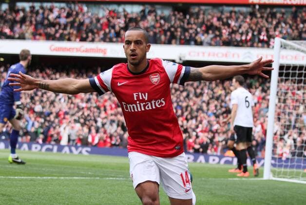FC Arsenal London v Manchester United (ManU) . . April 28, 2013 Theo Walcott (A) celebrates scoring a goal for FC Arsenal. 1-0