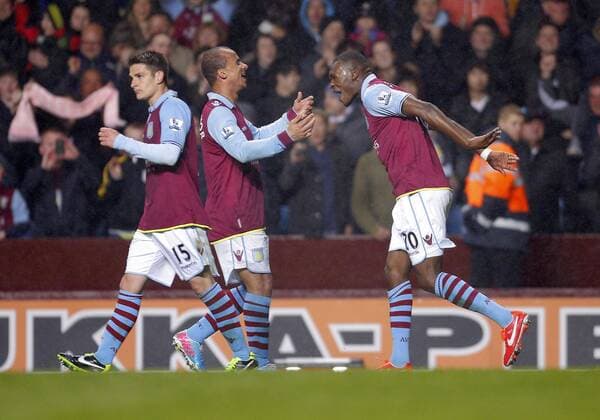 Christian Benteke of Aston Villa celebrates scoring with Gabriel Agbonlahor - Barclays Premier League - Aston Villa vs Sunderland - Villa Park Birmingham - Season 12 13 - 29th April 2013 - Picture Malcolm Couzens Sportimage EDITORIAL USE ONLY. No use with unauthorised audio, video, data, fixture lists, club league logos or live services. Online in-match use limited to 120 images, no video emulation. No use in betting, games or single club league player publications.