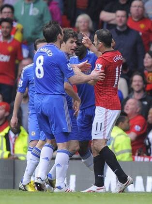 Ryan Giggs of Manchester United confronts the Chelsea players - Barclays Premier League - Manchester Utd vs Chelsea - Old Trafford Stadium - Manchester - 05 05 13 - Picture Simon Bellis Sportimage EDITORIAL USE ONLY. No use with unauthorised audio, video, data, fixture lists, club league logos or live services. Online in-match use limited to 120 images, no video emulation. No use in betting, games or single club league player publications.