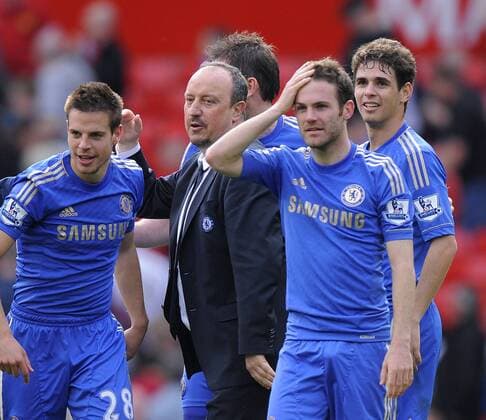 Rafa Benitez interim manager of Chelsea celebrates with his players at the end of the match - Barclays Premier League - Manchester Utd vs Chelsea - Old Trafford Stadium - Manchester - 05 05 13 - Picture Simon Bellis Sportimage EDITORIAL USE ONLY. No use with unauthorised audio, video, data, fixture lists, club league logos or live services. Online in-match use limited to 120 images, no video emulation. No use in betting, games or single club league player publications.