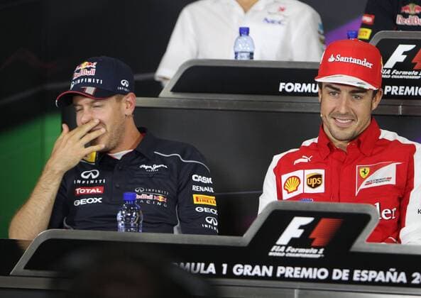 Sebastian Vettel, Red Bull Racing, Fernando Alonso, Scuderia Ferrari, PK, formula 1 GP, Spanien in Barcelona 09.05.2013, Photo:mspb Lukas Gorys Sebastian Vettel, Fernando Alonso, PK, formula 1 GP, Spanien, RV RACING PRESS
