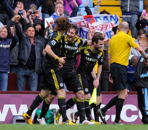 Frank Lampard of Chelsea celebrates his 203 goal for the club with David Luiz of Chelsea - Barclays Premier League - Aston Villa vs Chelsea - Villa Park Stadium - Birmingham - England - 11 05 13 - Picture Simon Bellis Sportimage EDITORIAL USE ONLY. No use with unauthorised audio, video, data, fixture lists, club league logos or live services. Online in-match use limited to 120 images, no video emulation. No use in betting, games or single club league player publications.