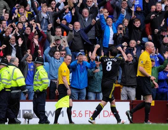 Frank Lampard of Chelsea celebrates his 203 goal for the club with the fans - Barclays Premier League - Aston Villa vs Chelsea - Villa Park Stadium - Birmingham - England - 11 05 13 - Picture Simon Bellis Sportimage EDITORIAL USE ONLY. No use with unauthorised audio, video, data, fixture lists, club league logos or live services. Online in-match use limited to 120 images, no video emulation. No use in betting, games or single club league player publications.