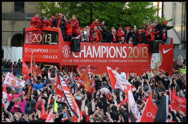 Sir Alex Ferguson joins Manchester United players in Albert Square, Manchester, As Manchester United celebrate winning their 20th league title winning the Premier League, Monday May 13, 2013. AndrewxParsonsx xi-Images AJP