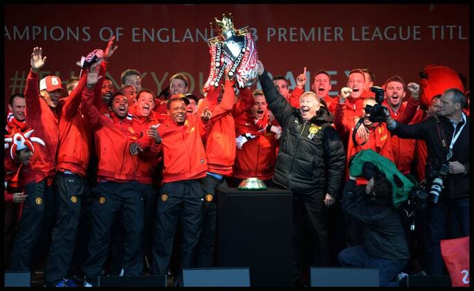 Sir Alex Ferguson addresses fans in Albert Square, Manchester, As Manchester United celebrate winning their 20th league title winning the Premier League, Monday May 13, 2013. AndrewxParsonsx xi-Images AJP