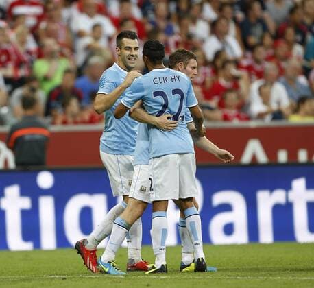 Manchester City s Alvaro Negredo celebrates scoring his sides opening goal Bayern Munich v Manchester City - Audi Cup - Allianz Arena - Munich - Germany -01 08 2013 - Pic David Klein Sportimage EDITORIAL USE ONLY. No use with unauthorised audio, video, data, fixture lists, club league logos or live services. Online in-match use limited to 120 images, no video emulation. No use in betting, games or single club league player publications.